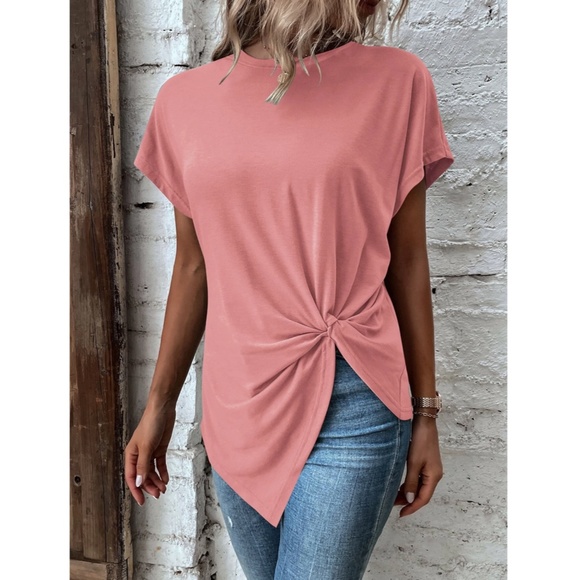 Twist Detail Pink Tee Shirt Short Sleeve Round Neck - Picture 5 of 12